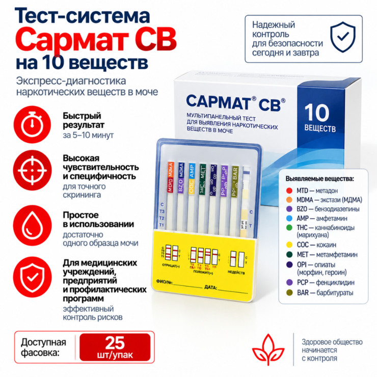 Тест-система НАРКОЛАБ-МИНИ на 10 наркотических веществ для анализатора Сармат СВ