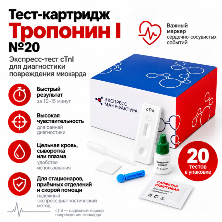 Тест-картридж Тропонин I №20 — экспресс-тест cTnI для диагностики повреждения миокарда