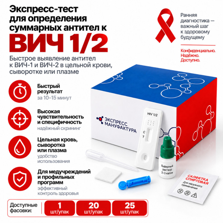 Экспресс-тест на ВИЧ 1/2 — определение суммарных антител в крови, сыворотке и плазме