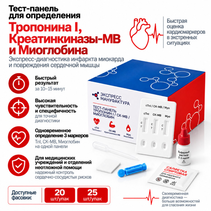 Тест-панель на 3 кардиомаркера — Тропонин I, КК-МВ и Миоглобин для диагностики инфаркта миокарда