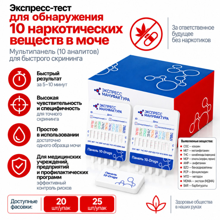 Экспресс-тест на 10 наркотических веществ в моче — панель COC, MET, THC, MOP, AMP, BZO, PCP, MTD, MDMA, BAR